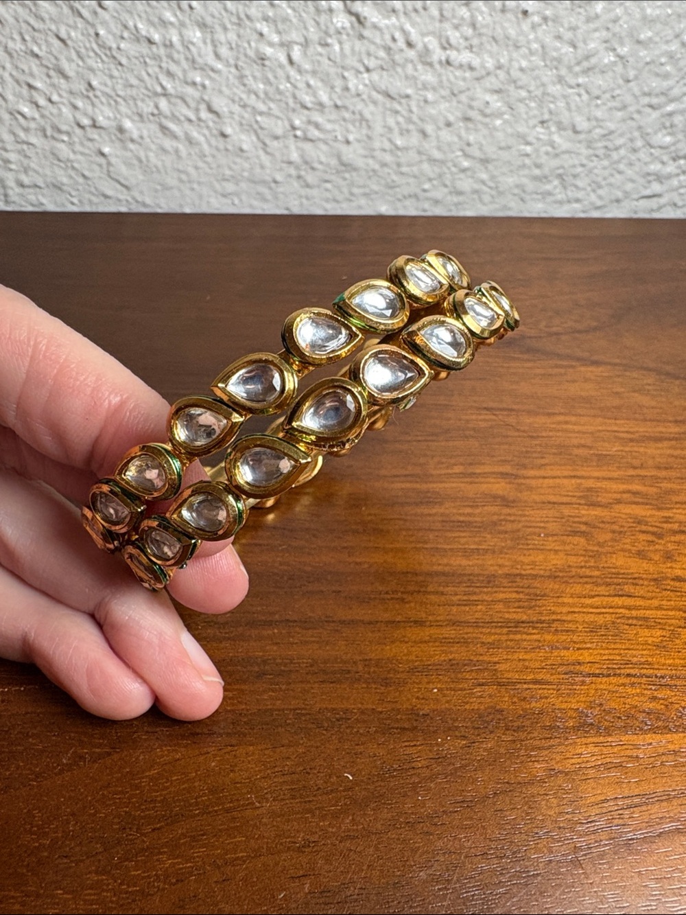 Pair of Gold Kundan-Style Teardrop Bangle Bracelet - Clear Stones